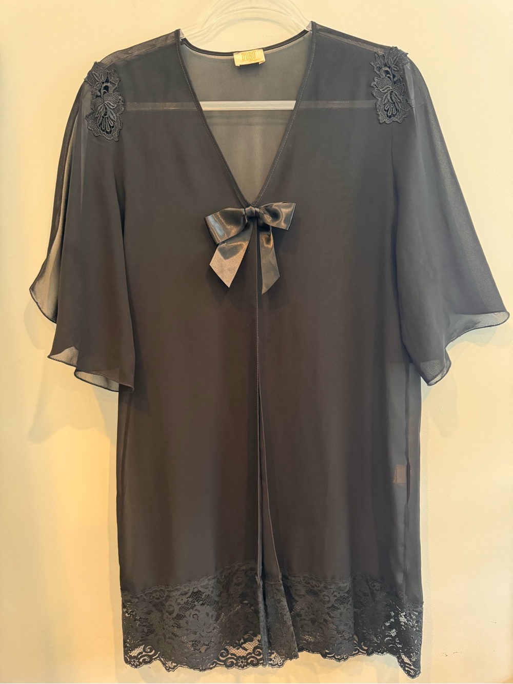 Vintage D’Oro Sheer Black Lingerie Peignoir Robe Lace Flutter Sleeve Bow S